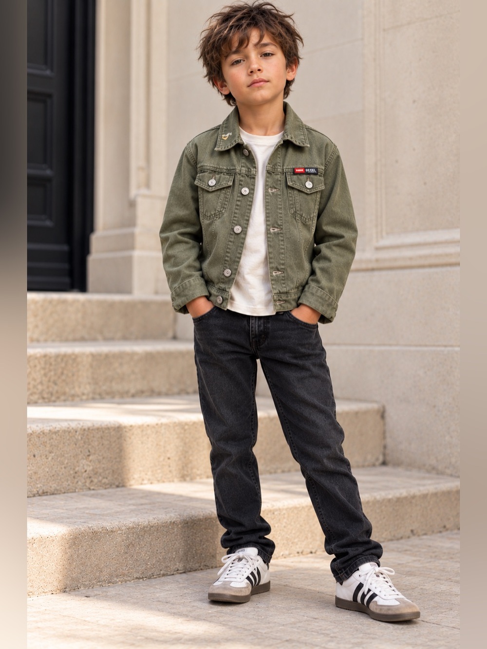 Diesel Kids Olive Green Utility Denim Jacket Size 6